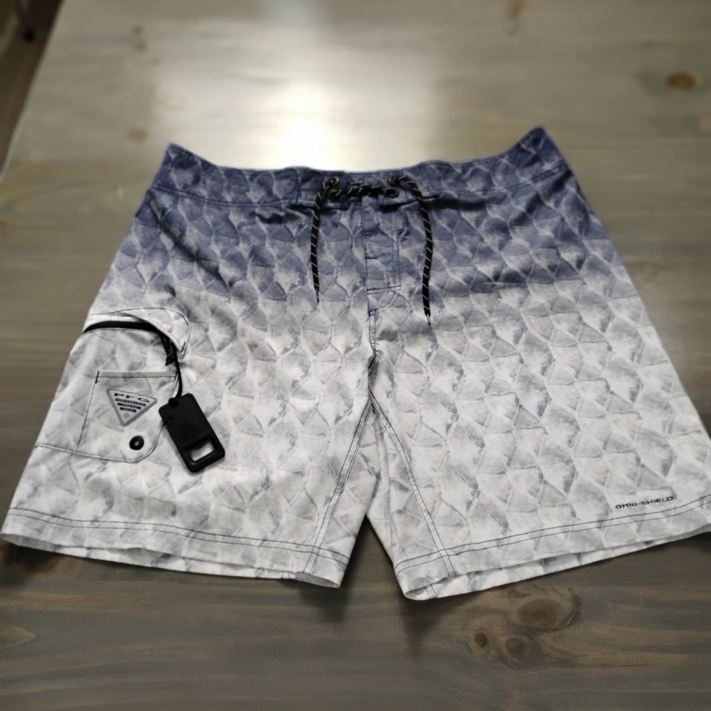 Columbia PFG Board Shorts Mens 40 Blue Multi AOP Omni Shade BeachSwim Tie Front